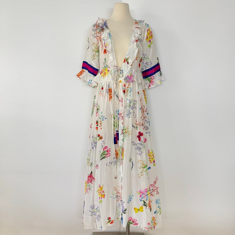 Rococo Sand Satin Kimono Coverup Tiered Ruffle Maxi Open-Front Duster Topper S - Picture 2 of 13